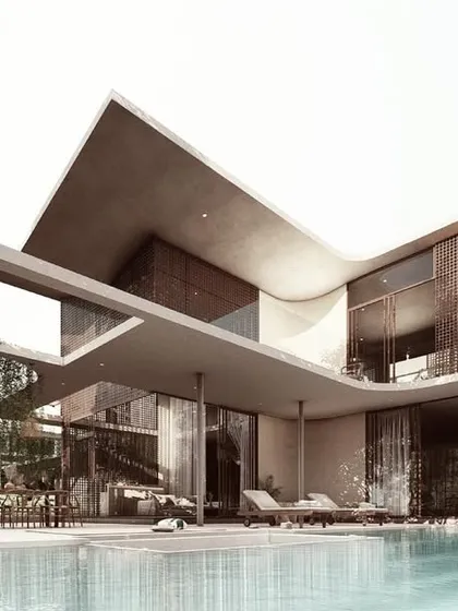 For the House of Veils, we created dramatic, flowing rooflines that shelter expansive outdoor living areas. The design erases the boundary between the interior and the poolside patio, creating a single, unified space for relaxation and social gatherings that is immersed in tropical greenery.