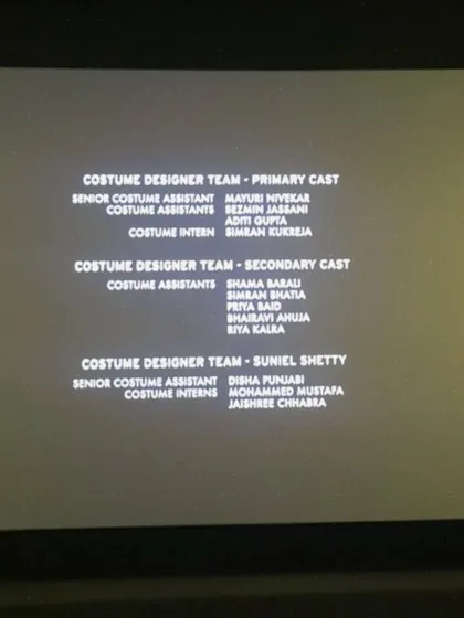 A proud moment seeing my name and my team's names in the credits for our work as the costume designer team. This is a nod to all the hard work that goes into creating the visual world of a film.