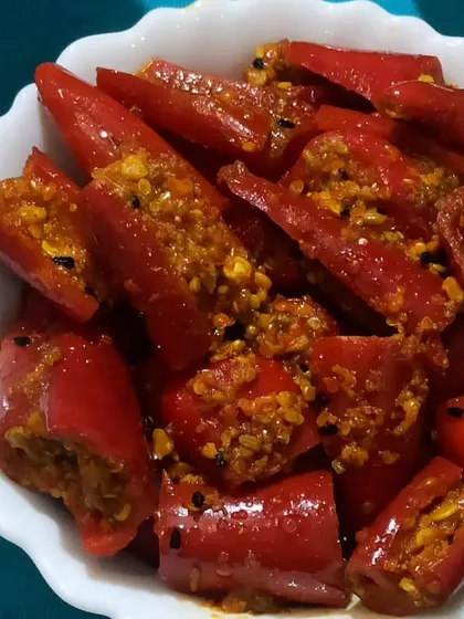 For those who love the heat, my Red Chilli Pickle is a must-try. I stuff fresh red chillies with a flavourful mix of roasted spices for a pickle that is both spicy and incredibly tasty.