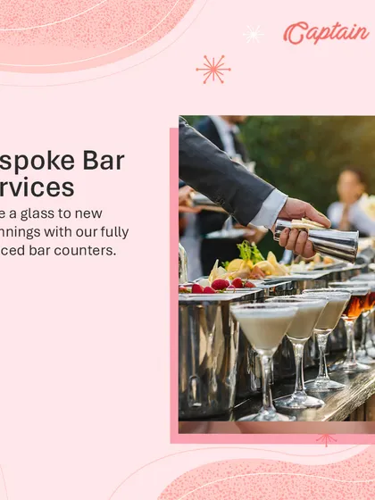 Raise a glass to success with our bespoke bar services. This image shows a professionally managed bar counter with a variety of cocktails, perfect for adding a touch of sophistication to your corporate cocktail evenings or gala nights.