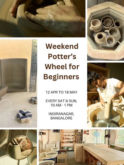 Registrations are open for our April-May weekend Potter's Wheel course. This collage shows the entire process, from measuring clay to a loaded kiln.