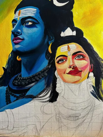 This image shows the painting midway through, with Lord Shiva's face complete and Maa Parvati's face sketched and ready for color.