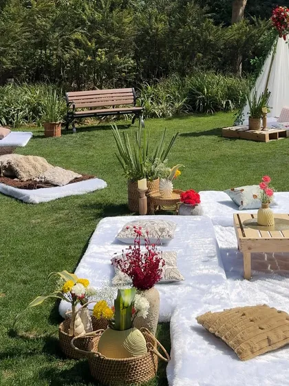 Another angle of our expansive picnic setup, showing multiple seating areas with different colored cushions and rugs. We can customize the layout and style to suit the size and vibe of your gathering.