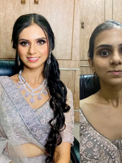 A powerful before and after of a party makeup look. I transformed her appearance with skillful contouring, a dramatic smokey eye, and a perfectly styled long ponytail, getting her ready for her engagement ceremony.