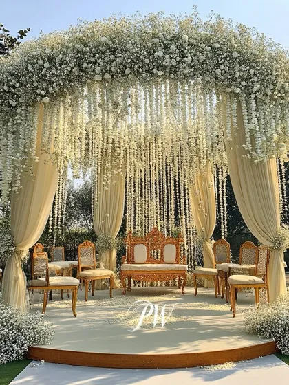 A vision in white. This stunning mandap is crafted entirely from baby's breath and tuberose, creating a dreamy, cloud-like effect for a modern and elegant wedding ceremony.