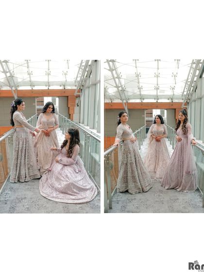 A lovely collage showing the bride and her bridesmaids, all dressed in beautiful pastel lehengas, sharing a moment on a walkway.