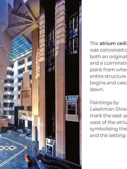 For the Unit Trust of India HQ, the atrium ceiling was conceived as the originating point of the structure. The grand, light-filled space is designed to project an image of stability and forward-thinking vision.