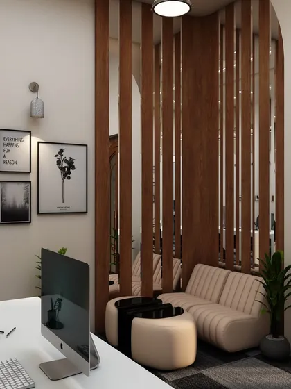 Another angle of the modern reception area, showing the interplay between the front desk, the wood slat partition, and the cozy waiting nook. The design is cohesive and thoughtfully planned.