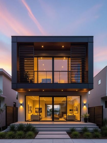 This image shows the perfect symmetry of the facade design. The sliding louver screens can be adjusted to control light and privacy, offering a dynamic and functional exterior.