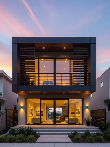 This image shows the perfect symmetry of the facade design. The sliding louver screens can be adjusted to control light and privacy, offering a dynamic and functional exterior.