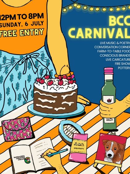Our carnivals often run from noon to moon, giving you plenty of time to explore. This poster highlights the variety, from live poetry and conversation corners to fire shows and live caricatures.