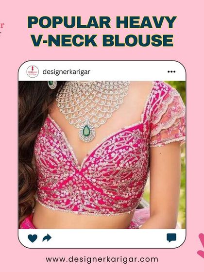 This heavy V-neck blouse in bright pink features dense silver embroidery and an illusion neckline, adding a modern touch to a classic silhouette.