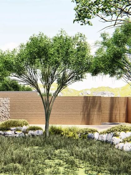 This rendering shows how the earthy, monolithic forms of the "Spontaneous Encounters" project are designed to blend with the natural rock outcroppings and vegetation of the site.