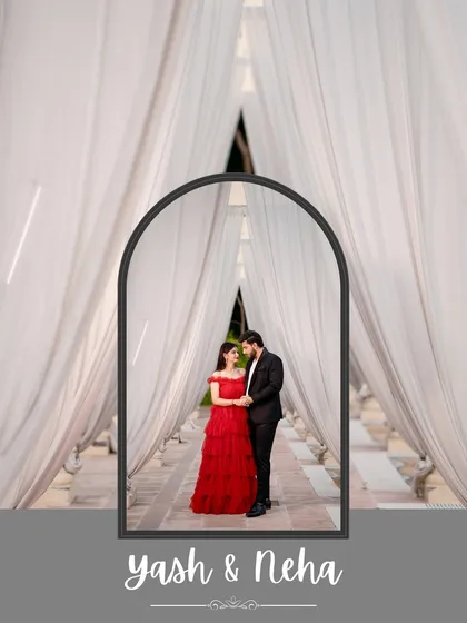 Framed in love. I used an archway of white curtains to create a natural frame for the couple, drawing the eye to their intimate connection and the stunning detail of the bride's red gown.