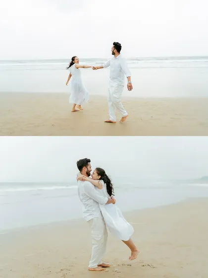 A pair of images capturing both a dance and a playful lift, showcasing the fun and loving dynamic of the couple.