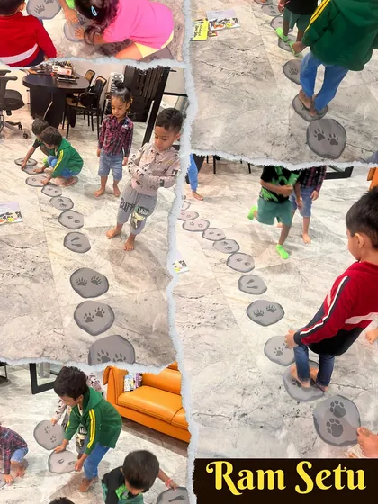 Building the mighty Ram Setu! Using stepping stones with paw prints, the children reenact the part of the Ramayana story where the vanaras build a bridge to Lanka. This kinesthetic activity makes the story interactive and fun.