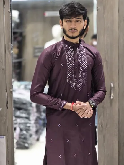 The rich maroon ready-to-wear kurta, a great choice for weddings or festive parties.