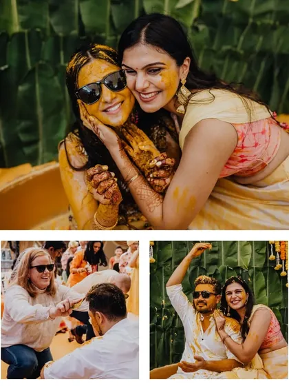 Hugs and sunglasses at the Haldi. A collage showing the fun and loving interactions between the couple and their friends.