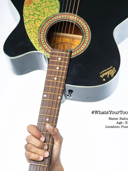 Rahul, a 31-year-old musician from Pune, with his guitar. By adding the name, age, and location, each image gets a unique character and tells a small story about the hand holding the tool.