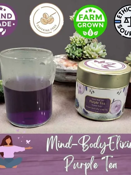 This is my Purple Tea, a true mind-body elixir. I ensure every blend is handmade, farm-grown, ethically sourced, and naturally caffeine-free, so you only get pure goodness in your cup.