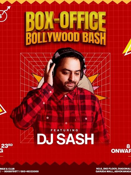 This poster for a 'Box-Office Bollywood Bash' highlights my focus on delivering hit music that gets everyone dancing, combining audio and video for a complete party.