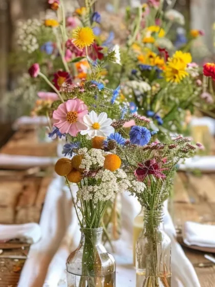 For all the floral lovers, this wildflower tablescape is a dream. I used an assortment of colorful, fresh-picked flowers in simple glass bottles to create a rustic and natural centerpiece.