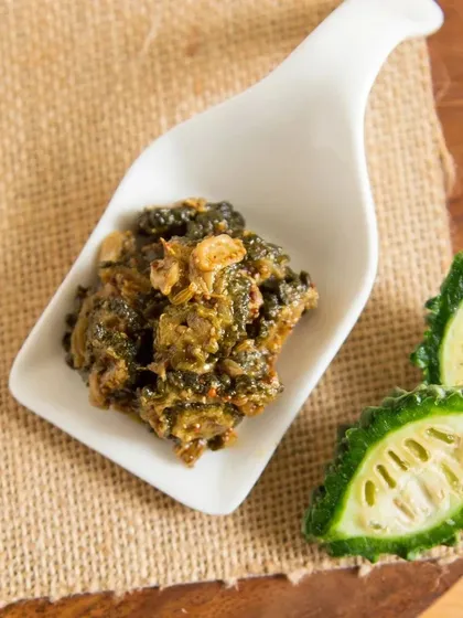 A spoonful of my Bitter Gourd pickle. I prepare it in a way that reduces the bitterness and highlights the aromatic spices.
