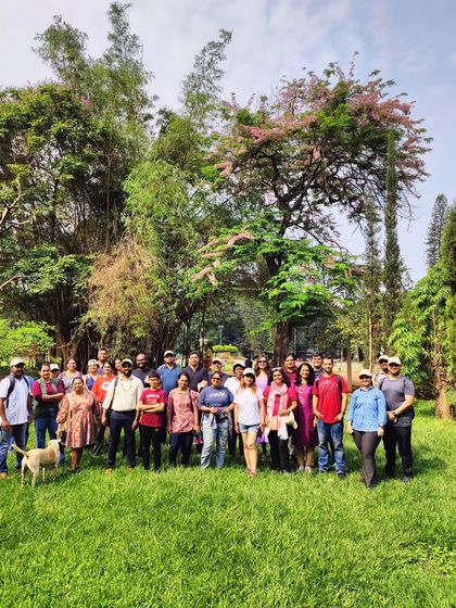 Our walking group enjoying the lush greenery of Lalbagh. We were lucky to see the delicate pink Cassias in full bloom.