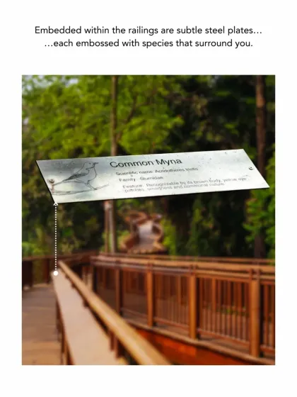 A close-up of the embossed steel plates on the railing. This small detail is part of a larger effort to make the walk an educational experience, connecting visitors to the rich biodiversity of the Malabar Hill forest.