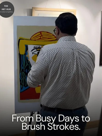 My studio is a place where people can switch from busy days to thoughtful brushstrokes. This student is engrossed in creating a large-scale abstract portrait.