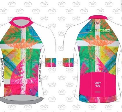 Our 2023 Summer jersey collection for women, shown in the white variant. This mockup displays the front and back, highlighting the bright, abstract leaf pattern and the 'Just Ride' motto on the pocket.