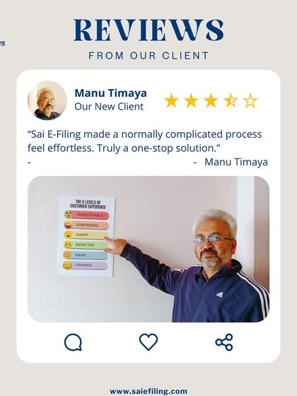 "Sai E-Filing made a normally complicated process feel effortless. Truly a one-stop solution." We are thrilled that Manu Timaya found our services to be a simple, all in one solution for his tax and compliance needs.