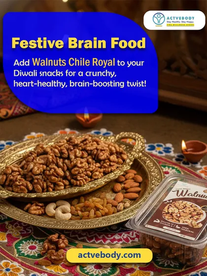 Here's some festive brain food for you. A beautiful platter of Walnuts Chile Royal and other dry fruits is shown, highlighting them as a heart-healthy, brain-boosting addition to your Diwali snacks.
