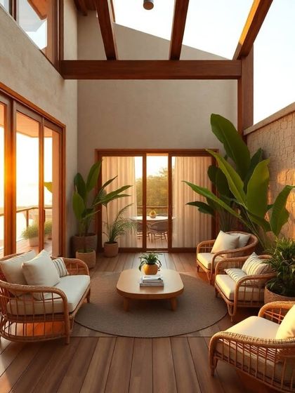 A sunlit glasshouse extension, seamlessly connected to the main living area. The use of natural materials like wood and stone creates a warm and organic feel.