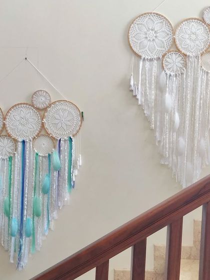 Double the dream, double the magic. Here are two of our enchanting cluster dreamcatchers, one in cool blue and white tones and the other in pure white, ready to add wonder to any space.