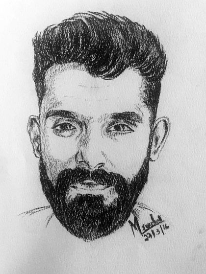 A charcoal portrait of a man with a beard. I pay close attention to details like hair texture to create a realistic and striking image.