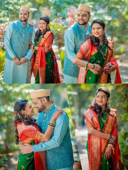 A collage from Ketki and Avdhut's traditional engagement ceremony. It captures their beautiful Marathi attire and candid interactions in a lovely garden setting.