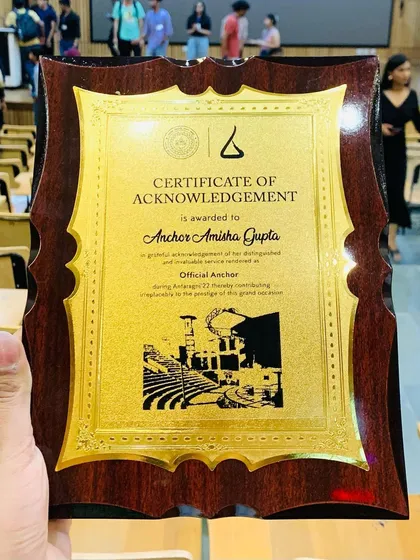 A close-up of the beautiful souvenir from the Antaragni team. I'm grateful for the opportunity to be the official anchor for such a prestigious event.