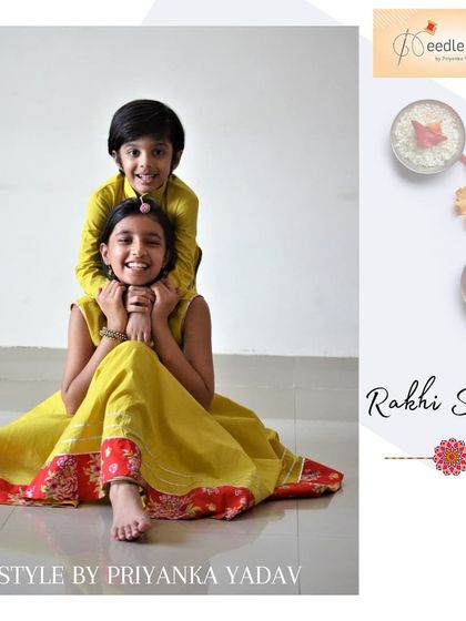 Another lovely Rakhi moment featuring a brother and sister in coordinated outfits. The sister's bright yellow Anarkali-style dress is paired with her brother's matching yellow kurta for a cheerful, festive look.