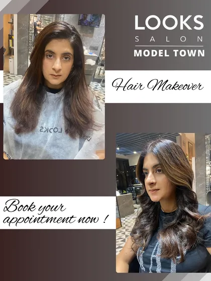 A before-and-after collage of a client's hair makeover. The final look is a rich, warm brown with soft waves and a healthy shine.