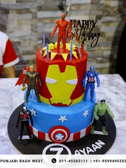 An epic Avengers-themed birthday cake, featuring Iron Man, Captain America, and the Hulk. It's a perfect centerpiece for a superhero party.