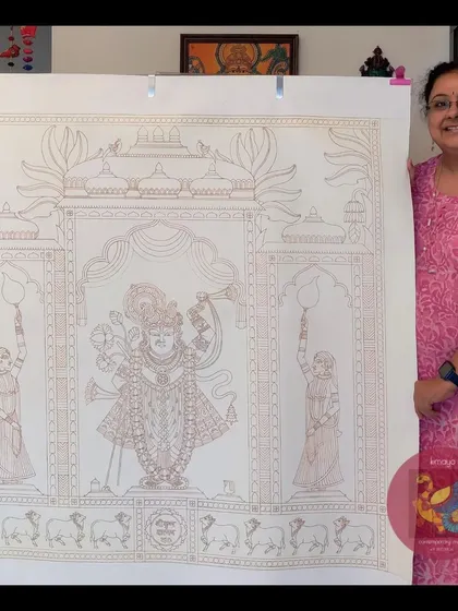 Me, standing proudly with the massive 3.5x3.5 feet canvas after completing the brown outline for the Srinathji painting. It's ready for color!