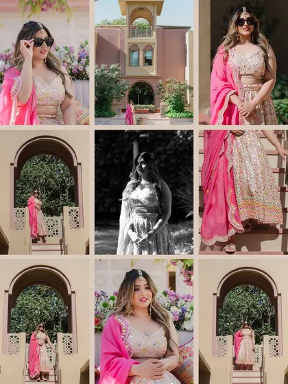 A collage of the bride's Mehendi look, featuring her in a beautiful pink and gold lehenga, posing in various spots around the heritage venue.