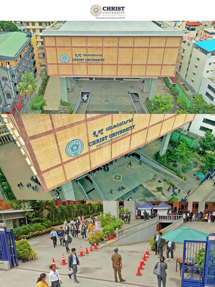 An aerial and ground-level perspective of the Christ University campus entrance. Our footage provides a welcoming view of the university, showing students and the architectural environment.