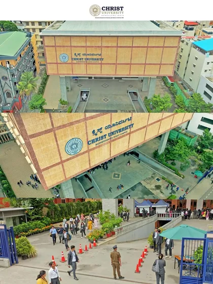 A showcase of the Christ University building on Bannerghatta Road, combining aerial and ground-level perspectives to capture the campus entrance and student flow.