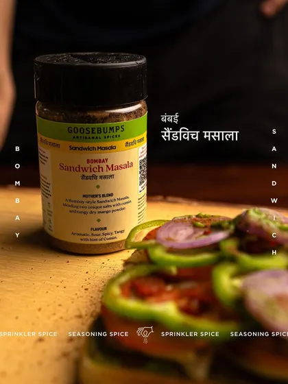 This is the taste of Mumbai's streets. My Bombay Sandwich Masala is sprinkled here on a classic vegetable sandwich, bringing that iconic tangy and spicy flavour that makes it so special. It's an authentic recipe for a truly authentic taste.