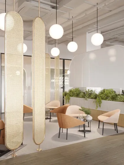 This rendering illustrates the design intent for the collaboration zones. The goal was to use architectural elements like curved frames and soft lighting to create inviting pockets within the larger office landscape.