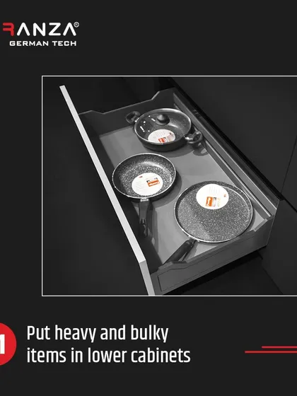 A simple tip for an efficient kitchen: I design my lower cabinets with deep drawers to store heavy and bulky items like pots and pans, making them easy to access.