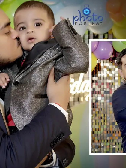 A father's love captured in a collage, showing him kissing his son's cheek and holding him close during his first birthday party.
