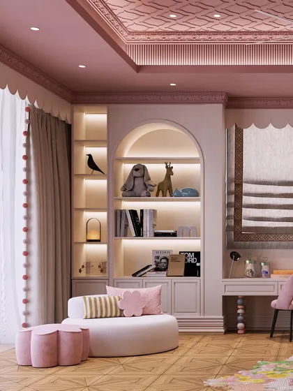 This angle shows the cozy reading corner with its soft seating and scalloped window treatment, creating a perfect spot for quiet moments.